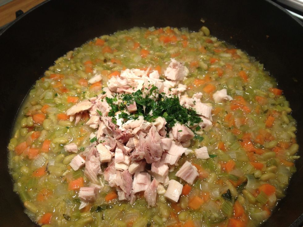 If using leftover chicken add it now. If using a thigh, take it out, cool slightly, pull all of the meat off and put back in the pan in small pieces. Add parsley and a splash of vinegar (optional)
