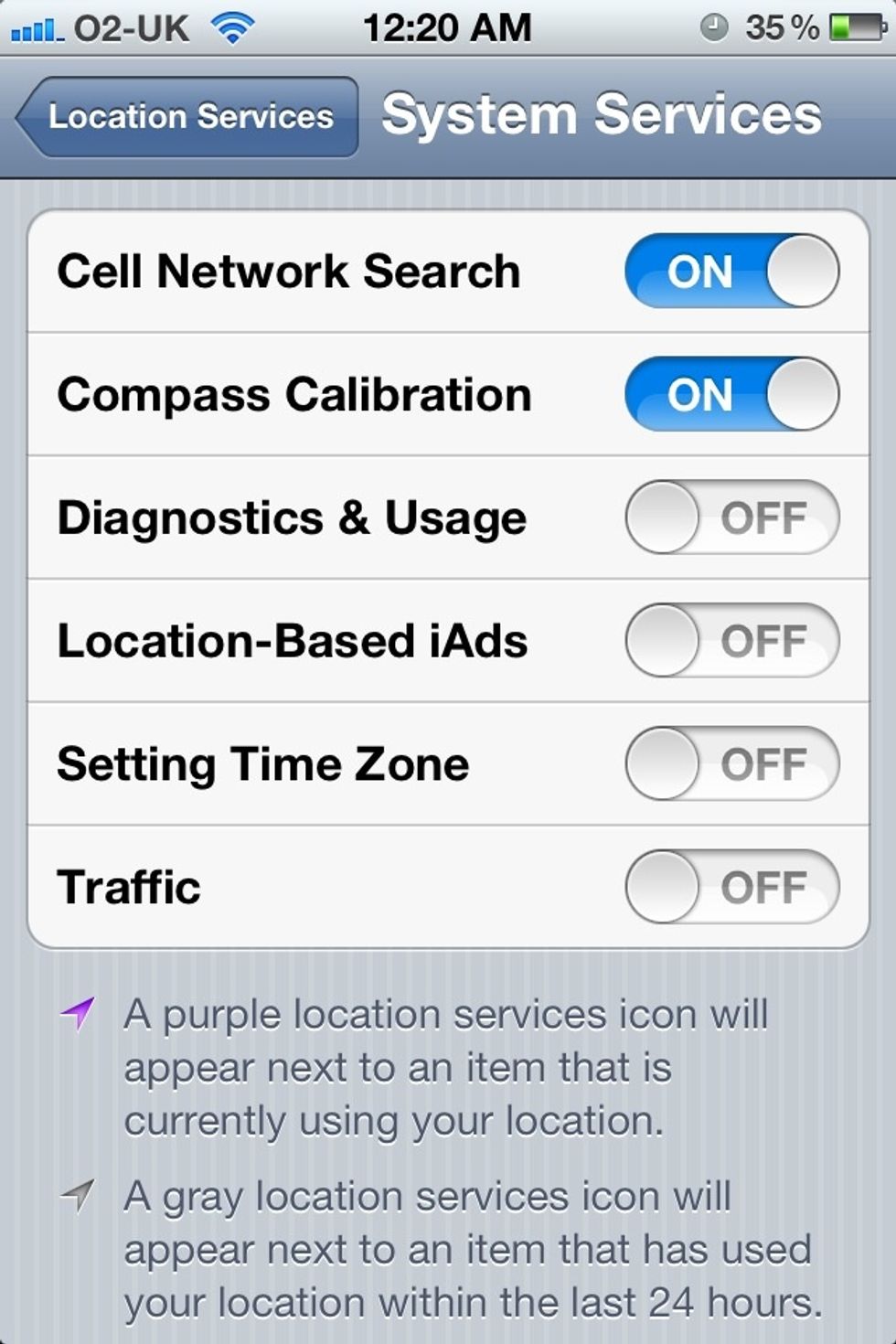 If using location services, turn off diagnostics and usage, setting time zone and location based iAds...(settings>location services>system services)
