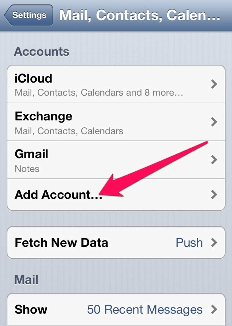 (If you already sync gmail, you might want to disable mail and calendar sync) otherwise, tap on "Add account".