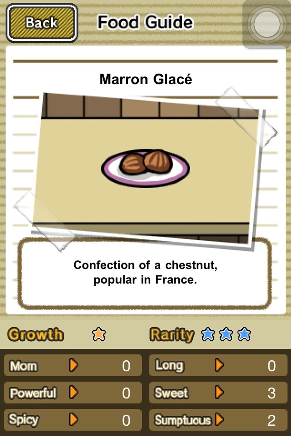 If you are short of Botargo(the last food) you can replace with this one since Sweet is good for later. Rare. Sweet+3 Sumptuous+2.