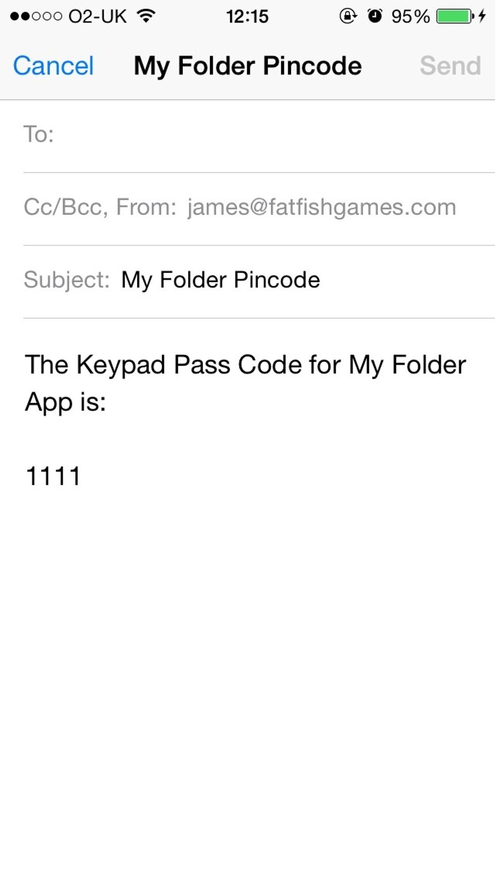 If you choose to email a copy of your pass code, a template will appear. Type in your email address into the 'To' field then tap 'Send'.