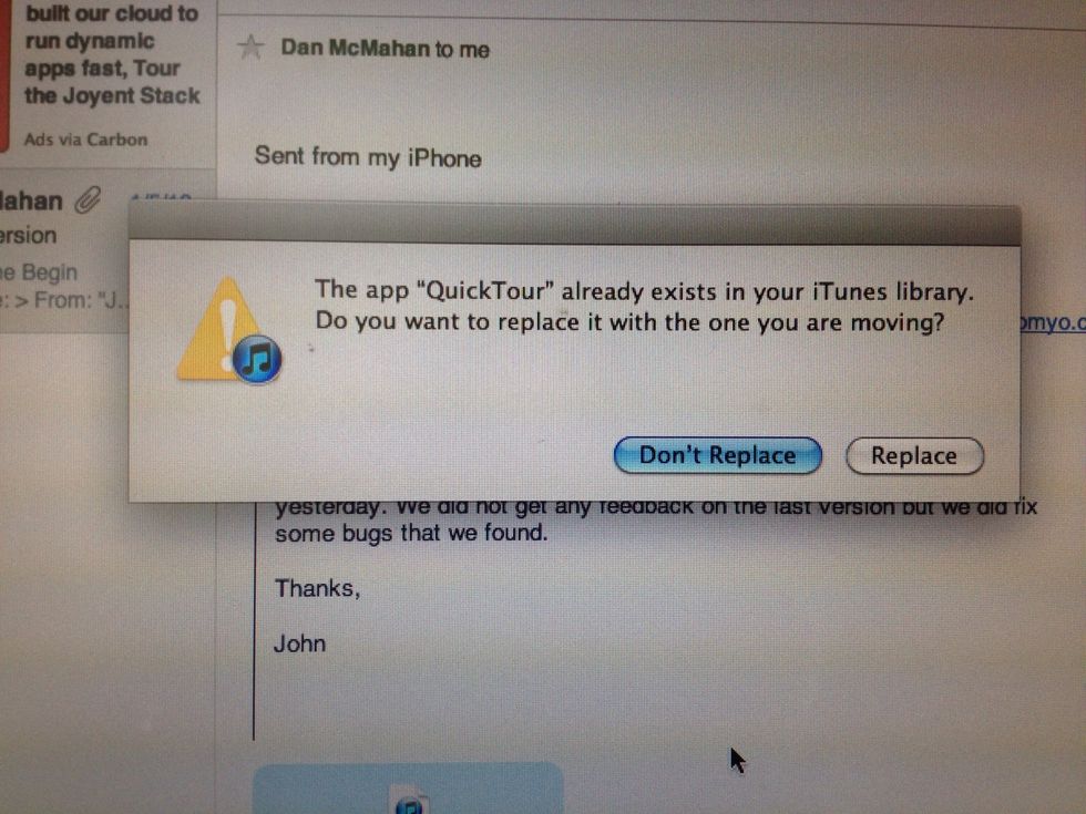 If you chose not to delete previously downloaded version, you'll see this screen pop up or one similar to it. Either go back and manually delete previous version or choose Replace.