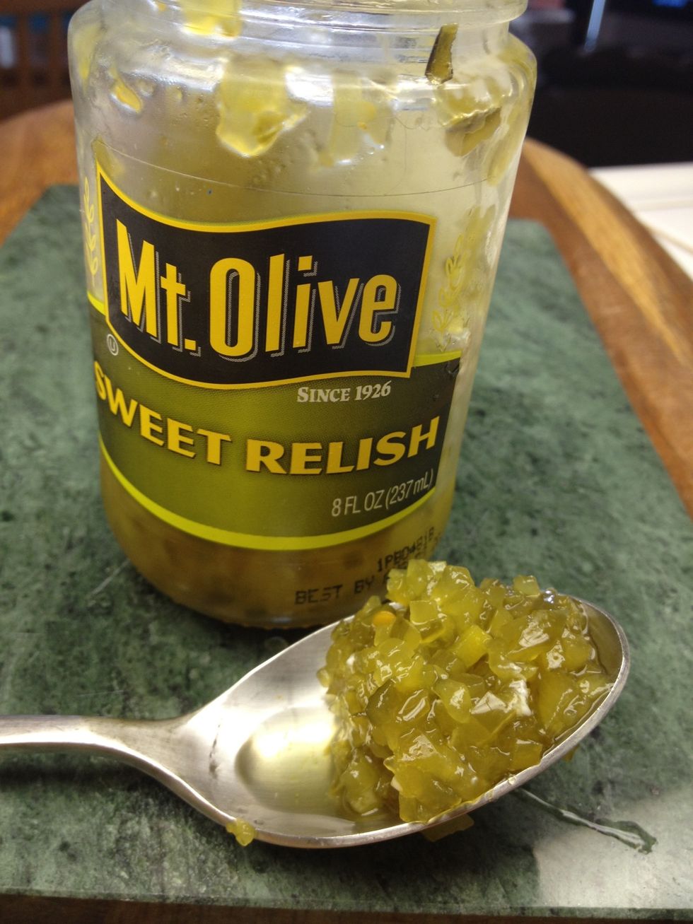 If you do not care for  green olives (the flavor can be a bit over powering) or are making for kids, use a heaping tablespoon of Sweet Pickle Relish instead.