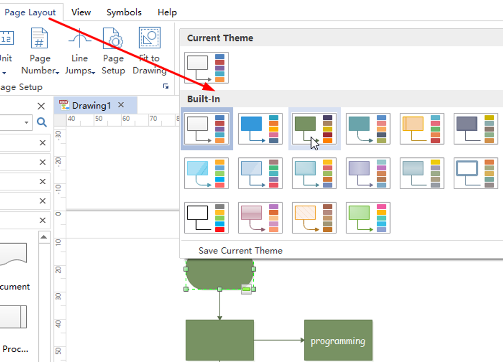 If you do not like the current theme, navigate to Page Layout and choose the theme you like from built-in themes, and then, you complete the flow chart for load management as easy as pie.
