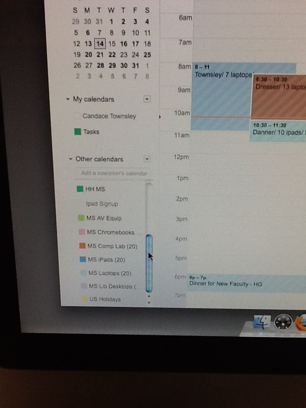 If you don't see much on the calendar, make sure you have clicked on the specific resource on the left to be sure it is showing up on your calendar. You can turn it off by clicking it again.