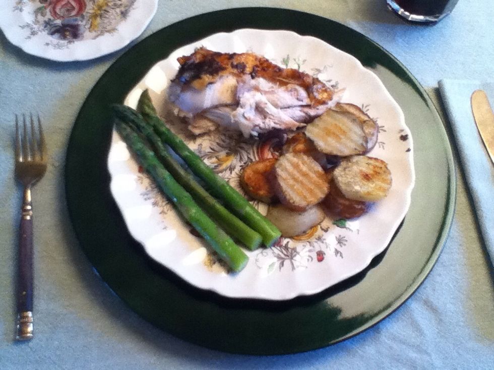 If you enjoyed this dish check out the whole dinner! Blanched orange zest asparagus (crunchy not mushy), rosemary red potatoes and of course a very moist rotisserie chicken!
