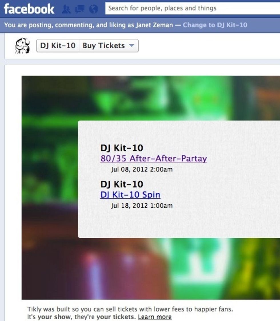 If you have more than one online event scheduled for this artist (which I do!), they'll be separated like so. Clicking one listed will show the event page as before, just embedded within Facebook!