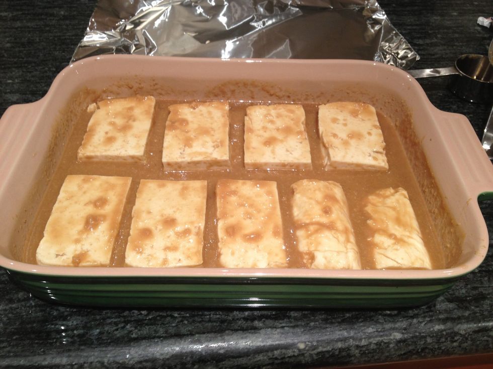 If you have time to marinate, cover with foil and refrigerate for up to 12 hours. Make sure to flip the tofu over at some point so that both sides are covered.