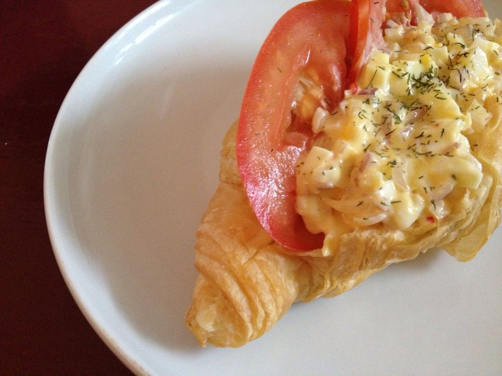 If you like, add dry mustard and other herbs to shift taste profile. Be creative. I like mayo plain and simple and used one third of it for this eggs-in-mayo croissant sandwich.