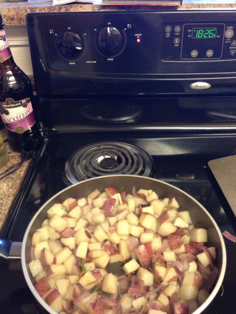 If you like rosemary, add 1 Tbsp more on the potatoes. Cook the potatoes until they are a golden brown (about 20 mins).