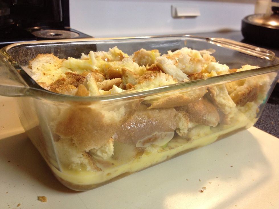 If you like your bread pudding more soggy than crunchy, double the egg batter. I like mine crunchy on top and soggy at the bottom so i use less batter.