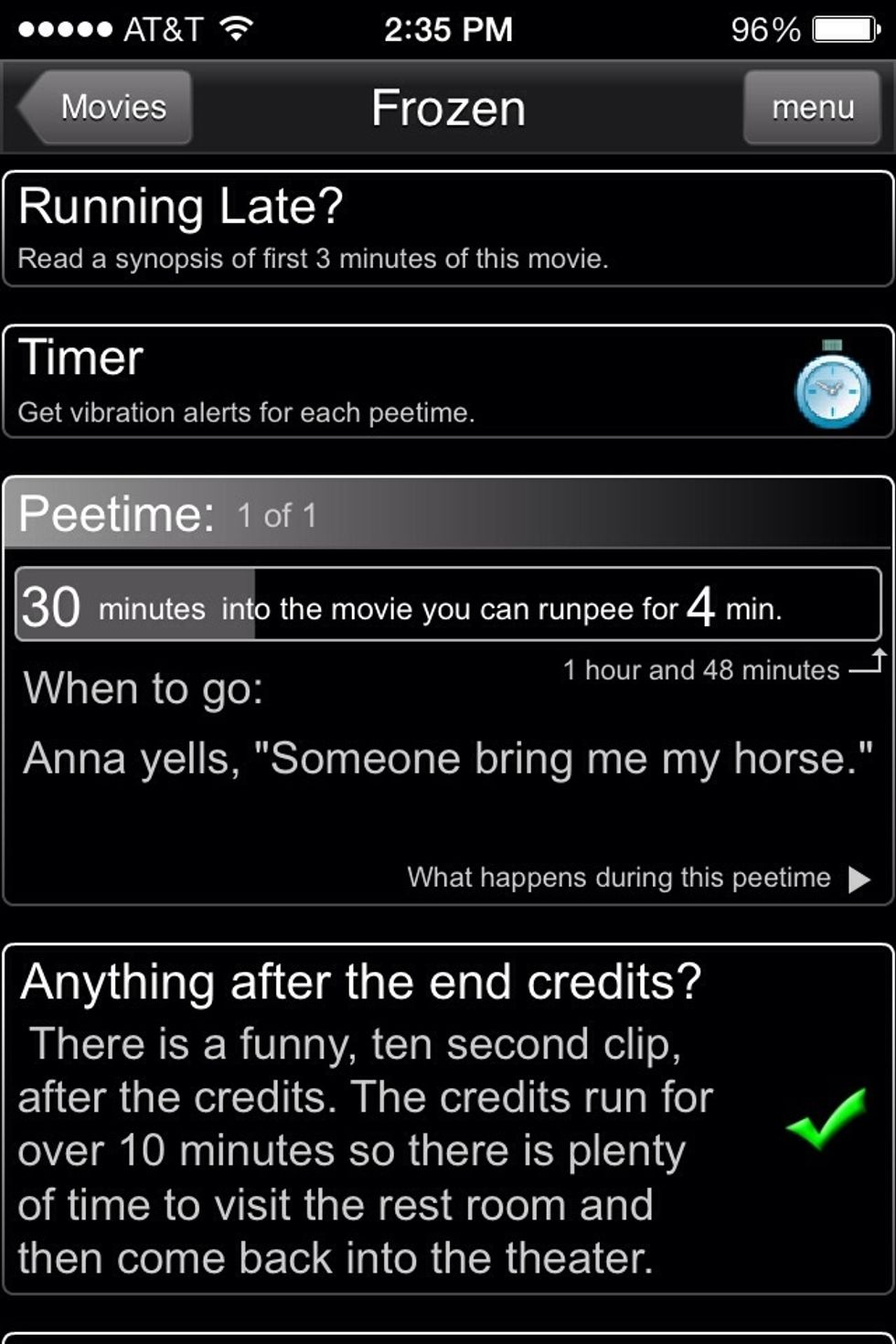 If you missed the first few minutes of the movie. The "Running Late?" section will give you an overview of what you missed.