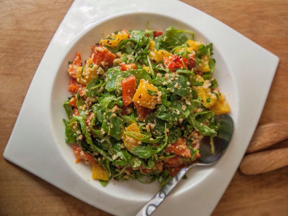 If you need to add a bit more olive oil it's perfectly ok. When it's all blended together well serve it up and enjoy.