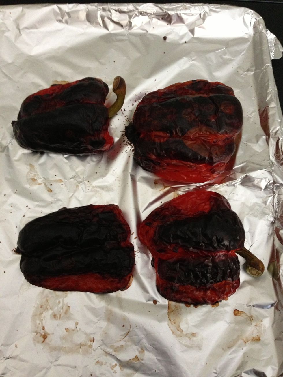 If you prefer in the oven. Cut the bell pepper into halves and broil them on medium for 15-20mins. Put them in a closed container. Take out the skin when cold. Wash drain.