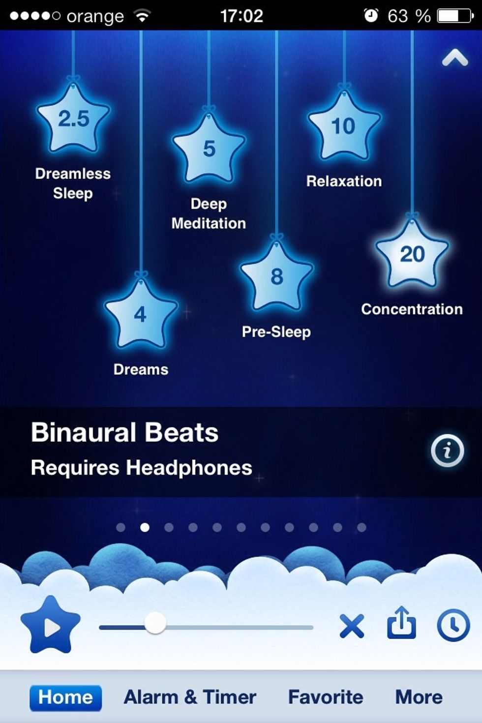 If you purchased that app flick to Binaural beats!! Here is a panel and you can choose Concentration star (Requires good earphones) in addition that app will help you to sleep very easy and feel relax