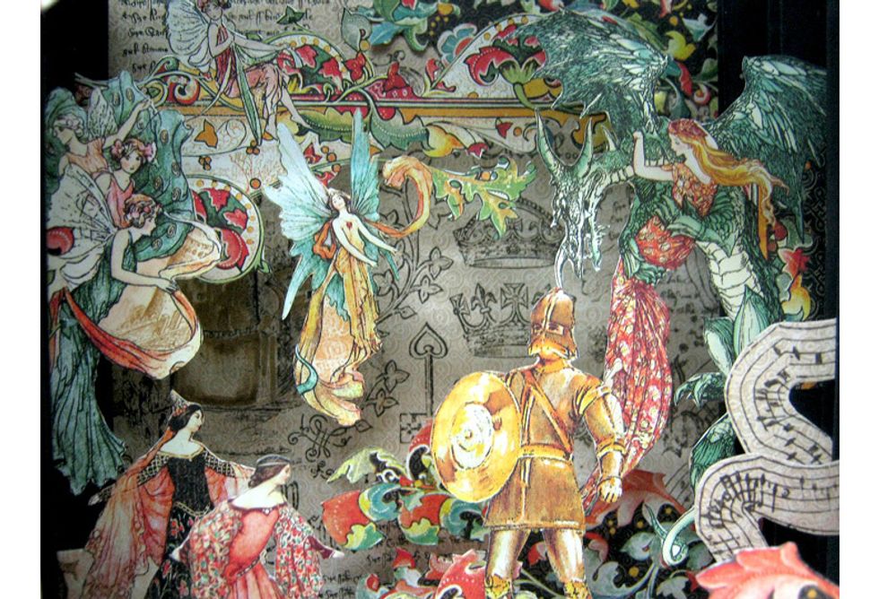 If you're like me and the images in the book are not enough you can add some more. I added three fairies from Dazzling Damsel paper to the left side of second layer.