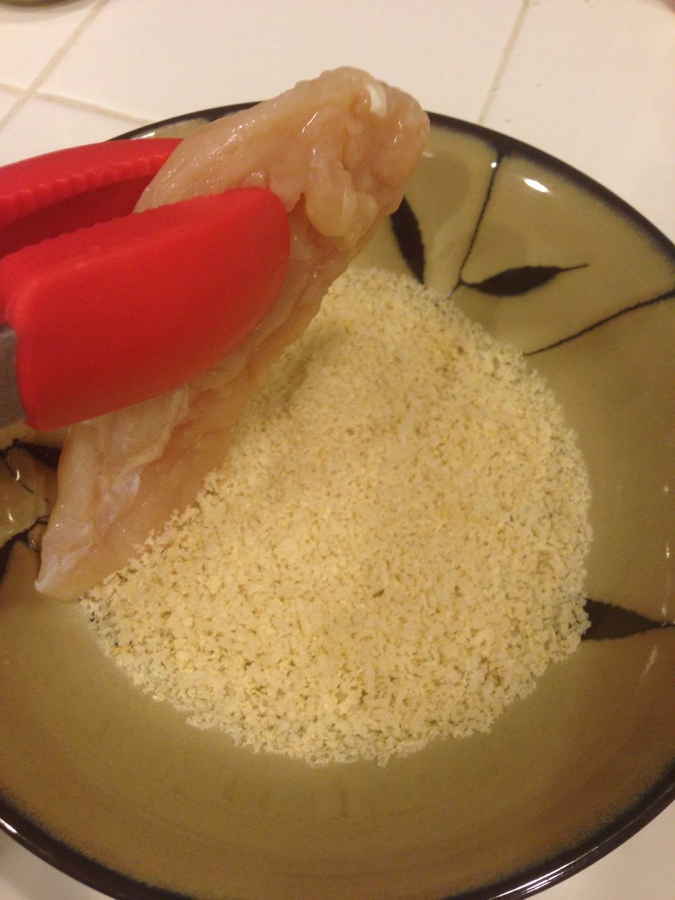 If you're not worried about carbohydrates, use Panko for your breading. Simply dip one side of your tenderloin into the Panko and lay flat on a greased cookie sheet. Panko side down.