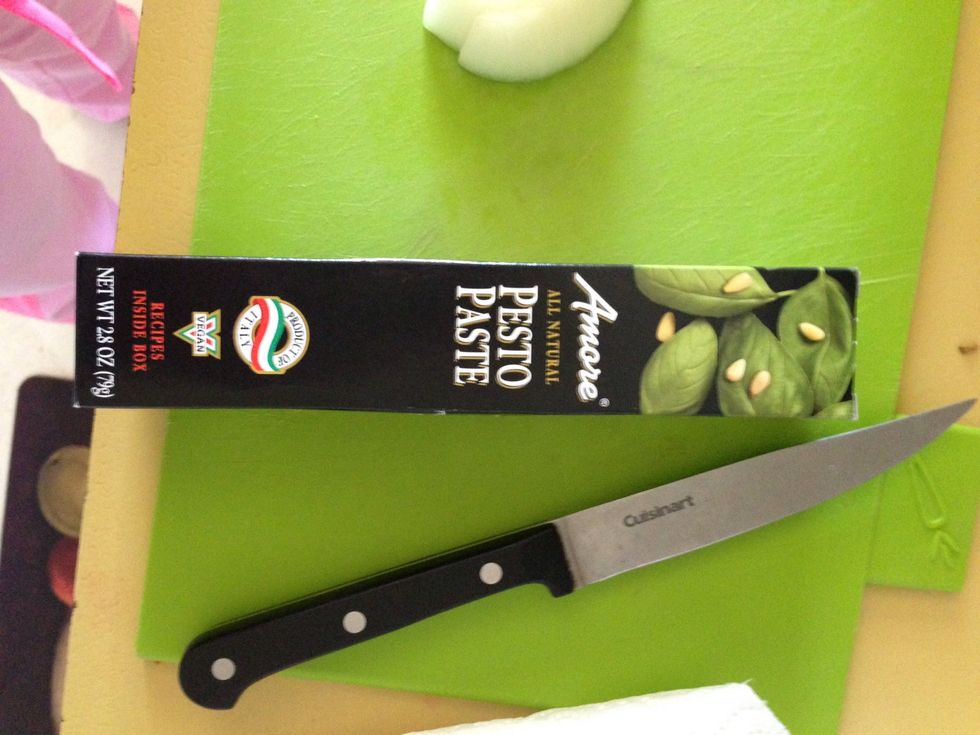If you're pressed for time, like am sometimes, I buy already made pesto. This brand tastes great- just as good as making your own! Use all of it in your pasta.
