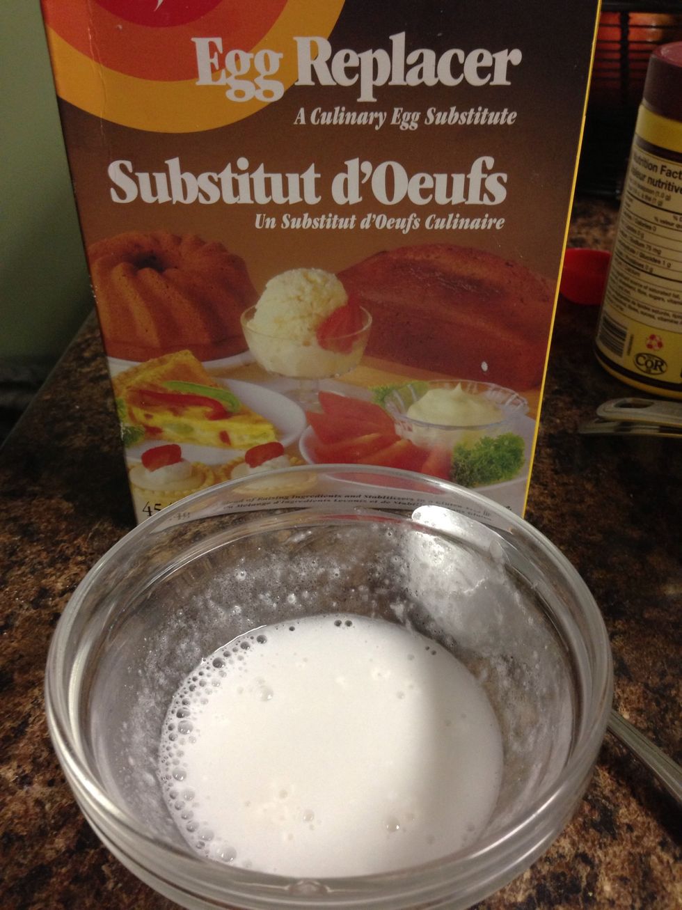 If you're using an egg replacer, make one egg substitute according to the directions on your brand of replacer. You will need this for the first mixture.