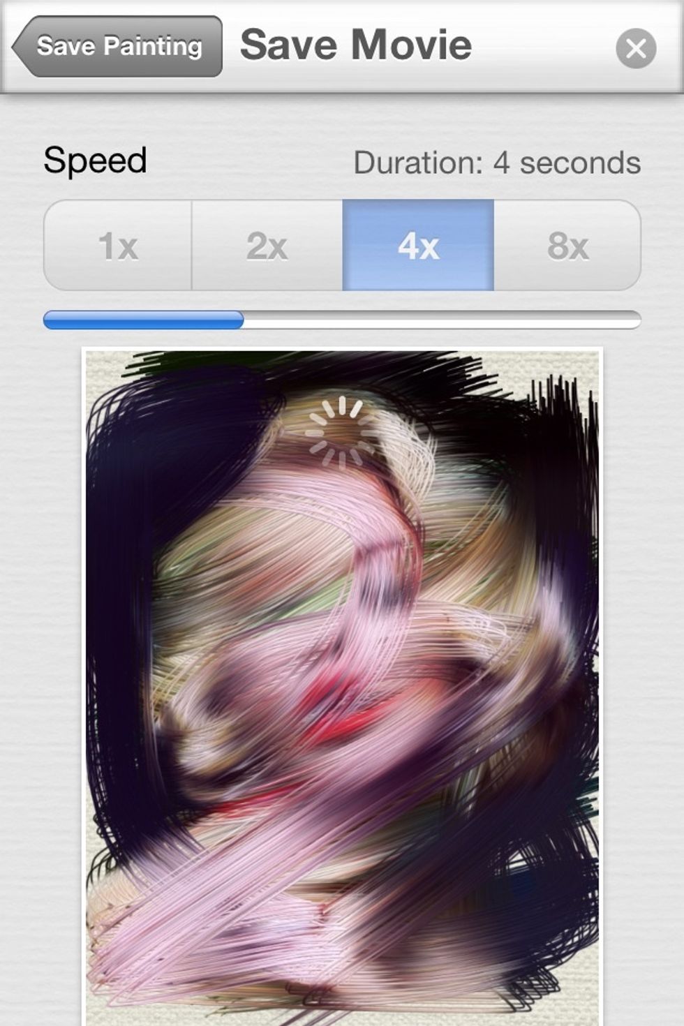 If you save your action painting as a movie, you can choose 1X, 2X, 4X, or 8X for super fast playback.