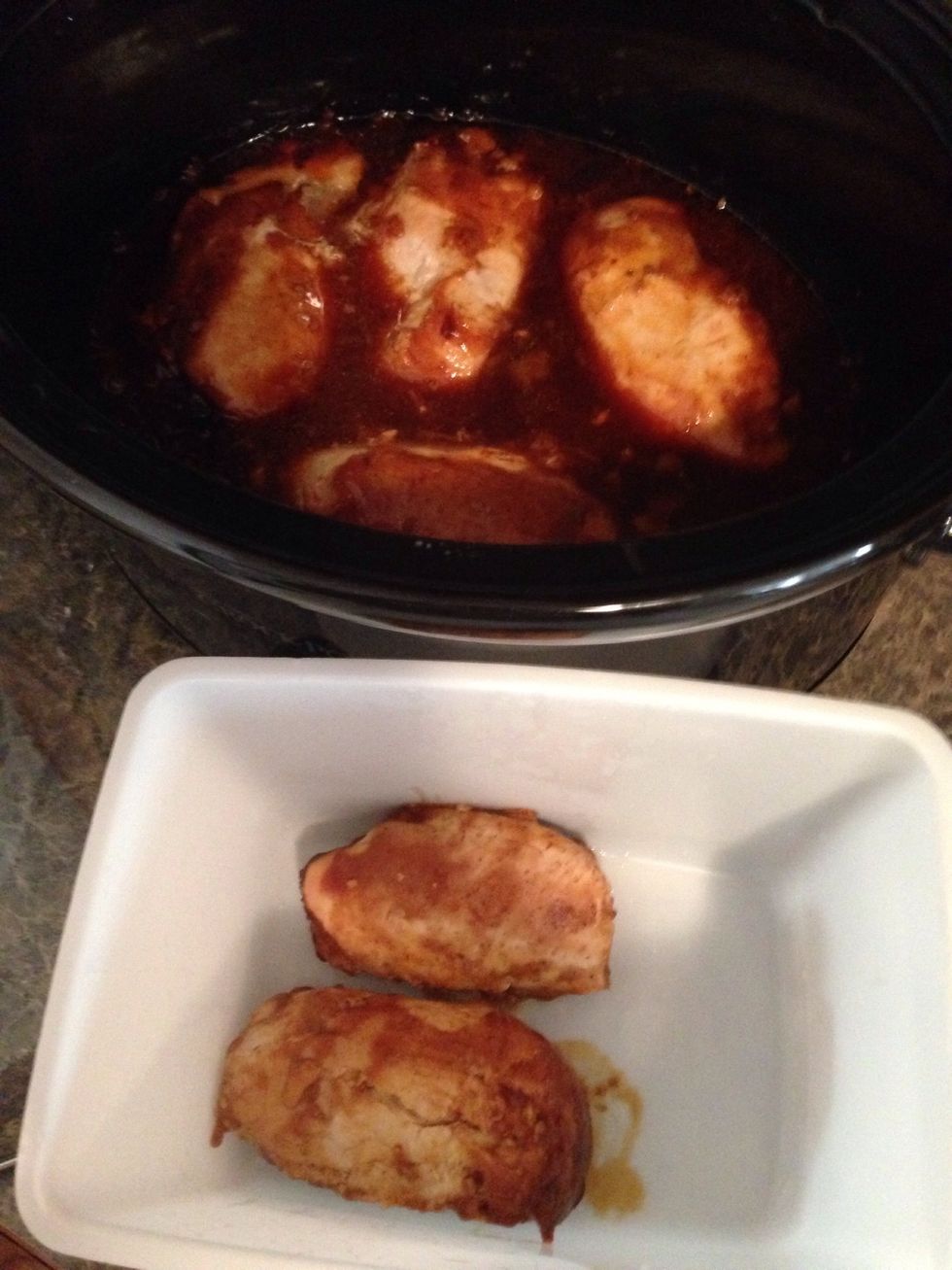 If you started this at 10 or so then by 3:30-4pm shut the crock pot off and remove the chicken to shred. You can also wait till it's finished but I like the chicken to marinate in the sauce!