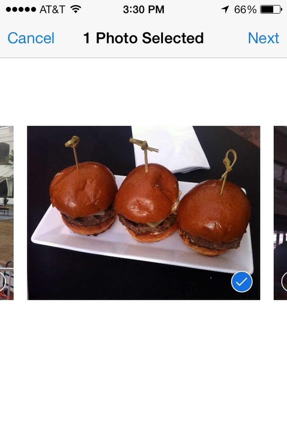 If you tap the "send" icon at lower left corner after selecting  picture/s. You'll be presented a chance to select more pictures (swipe through them). Then tap "Next".