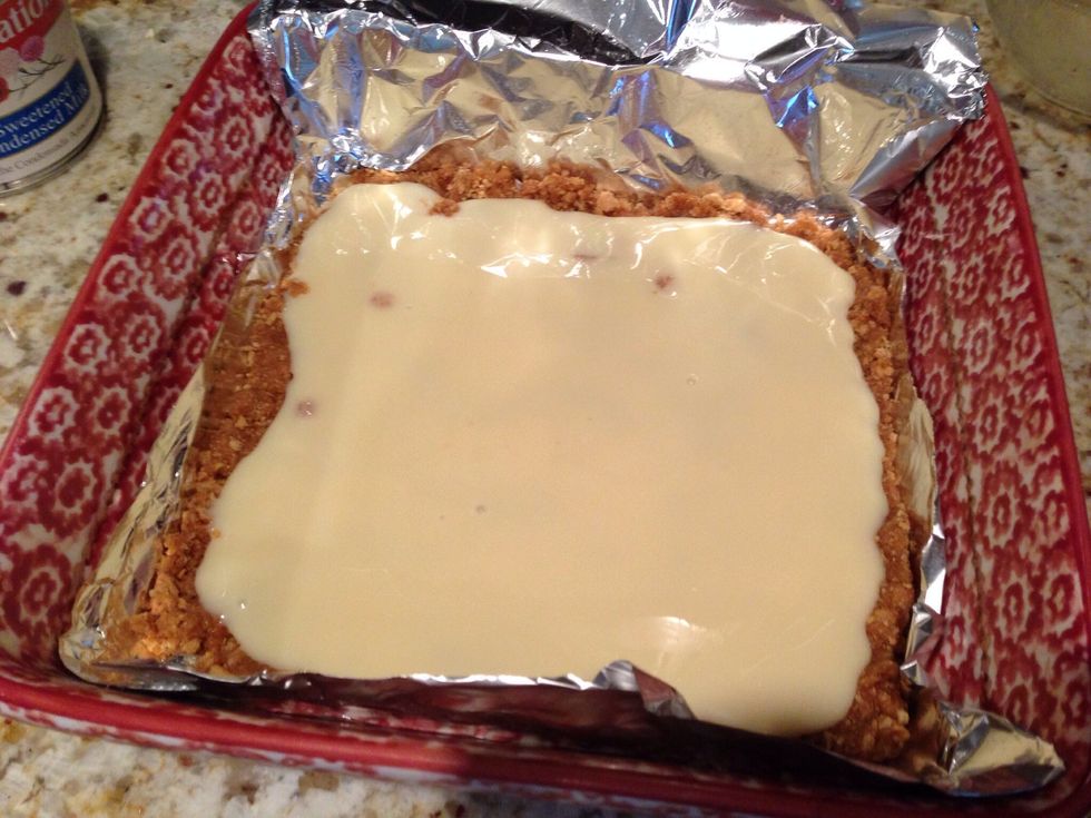 If you use marshmallow fluff instead of condensed milk, omit the foil by using a greased pie pan so a pie server can slice it out.