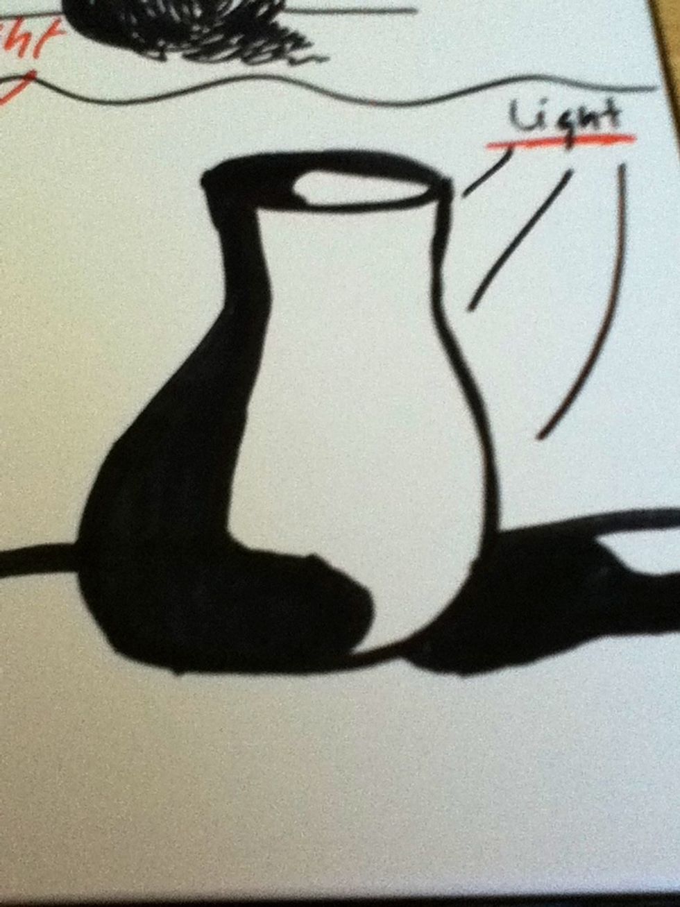 If you want a more cartoon look to your drawing, this is how you would shade. All you have to do is draw a few abstract shapes where the "light" isn't hitting and color them in w/ a darker shade.