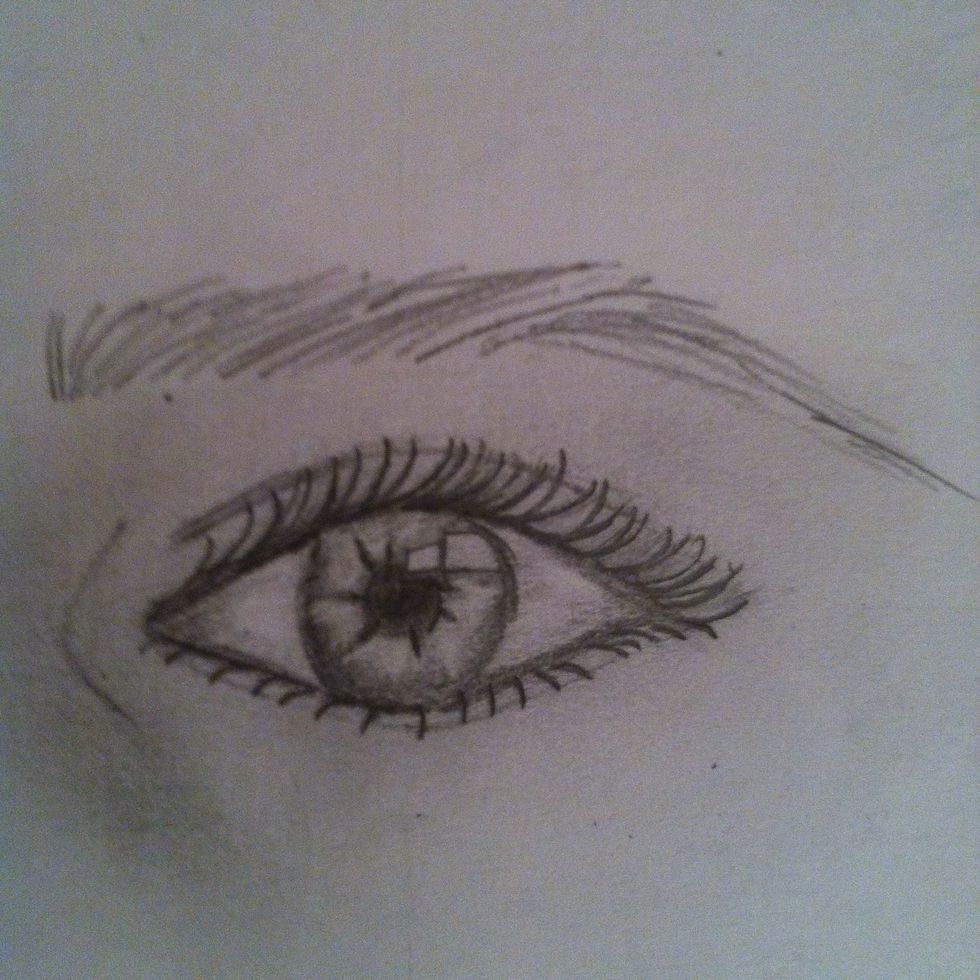 If you want to add some details. draw an eyebrow, shade around the eye using your finger, and draw more eyelashes. And here you go, you have a drawing of an eye.