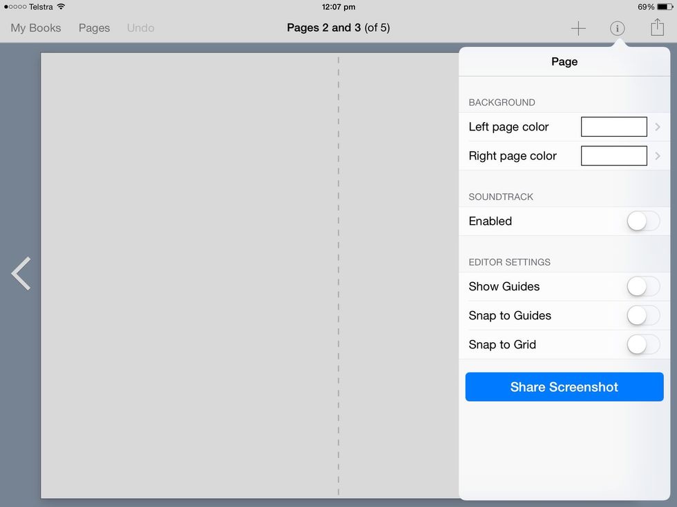 If you want to change the page colour you simply press the i in the circle and this comes up, you just press which side you want to change and change it you can also customise your own colour