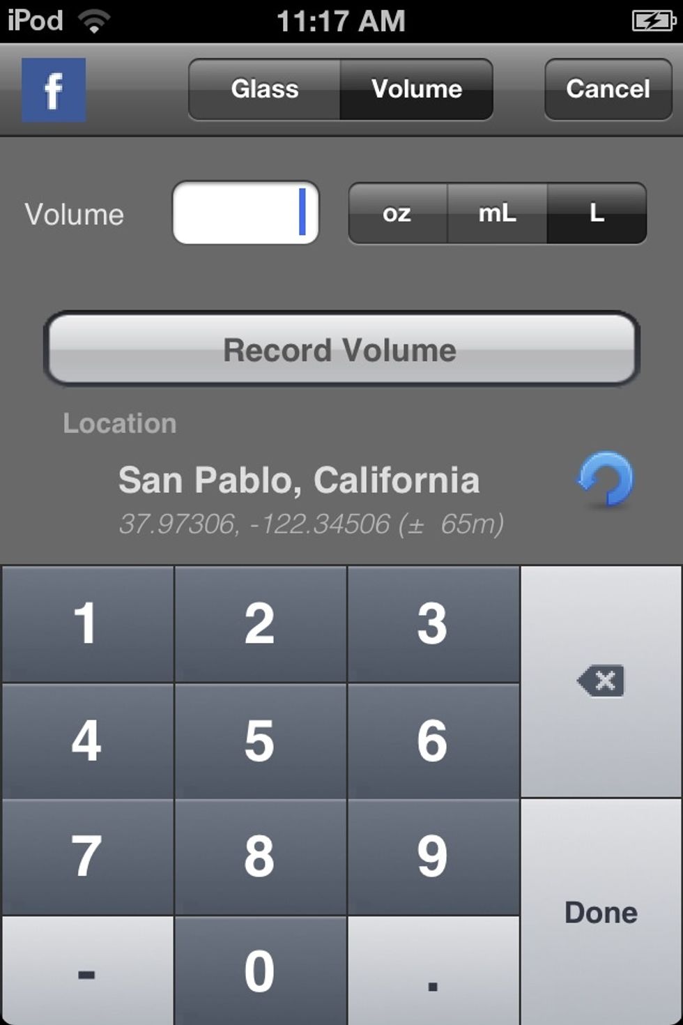 If you wanted to enter the volume of the glass you would click on the volume button and enter the volume of the glass and also the fraction filled from the previous step .