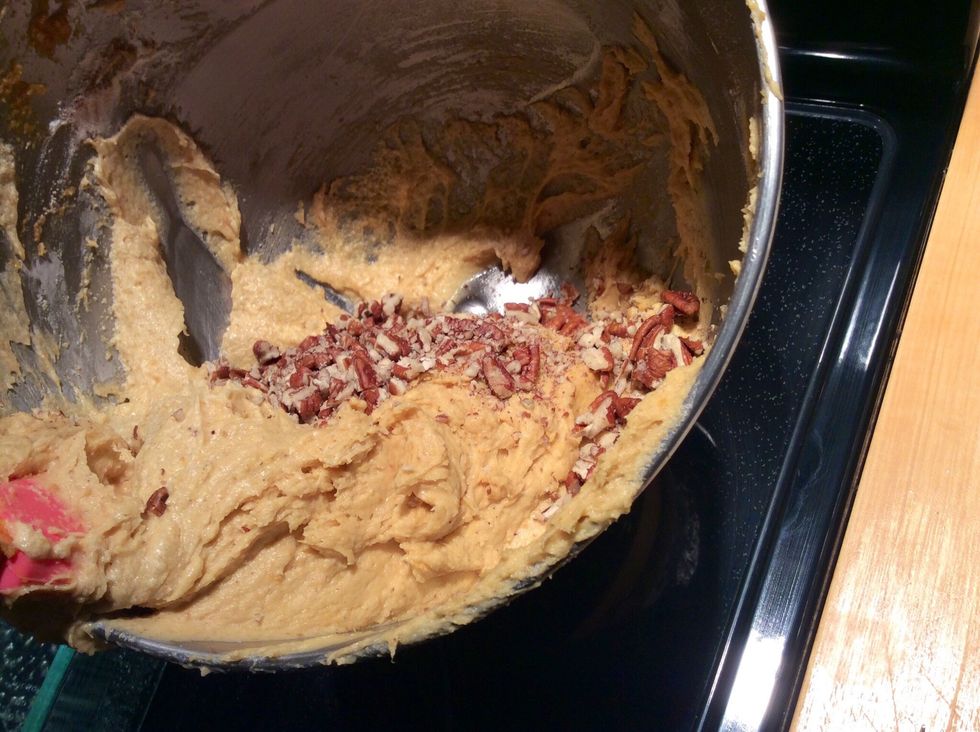If you would like to add nuts into the batter, add crushed up pecans into it and mix before putting the batter into the pan.