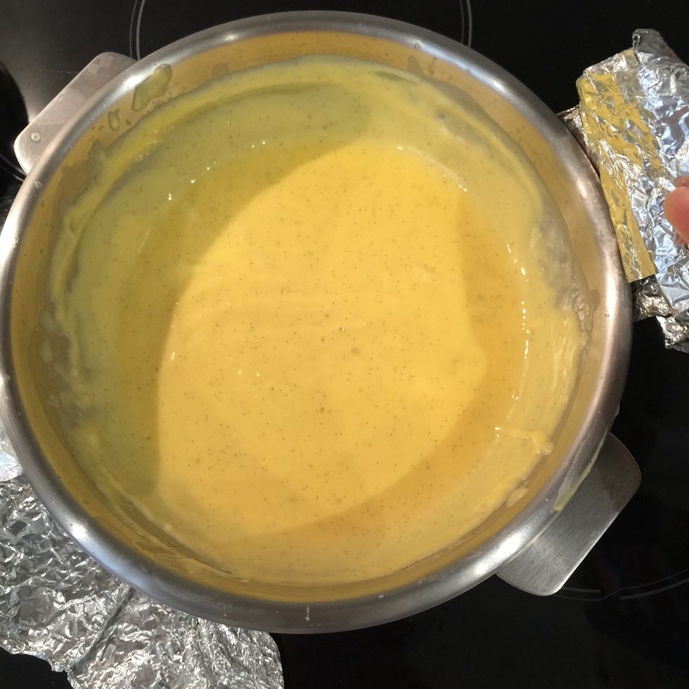 If your bowl doesn't have handle.. Fold a long sheet of foul and put it under the bowl while heating. It is essential to b able to take out the cooking bowl very quickly when sauce is thick.