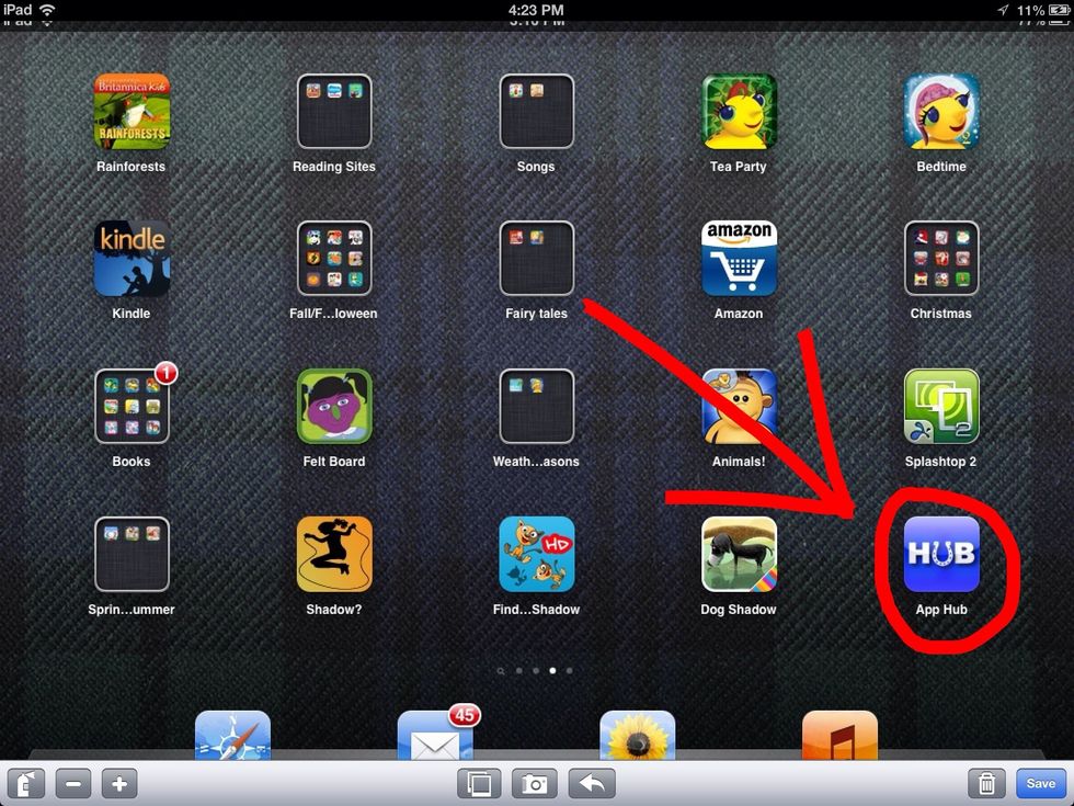 If your iPad is enrolled with your campus group via AirWatch, you should see the "App Hub" app on your iPad desktop. Select it.   -If you don't see the "App Hub" app, contact me.