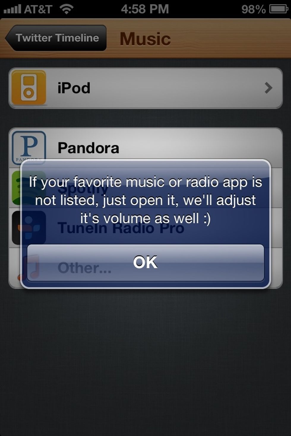 If your music app isn't listen you can run it in the background and it's volume will still be decreased while listening to a tweet.