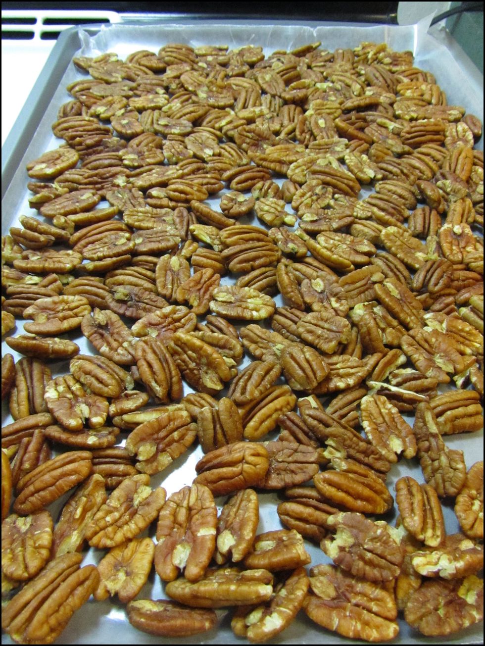 If your nuts are raw, roast them first. I roasted my pecans and almonds at 350 F. It took about 5-7 minutes for pecans and 10-12 minutes for almonds to fragrant and darkened in color.