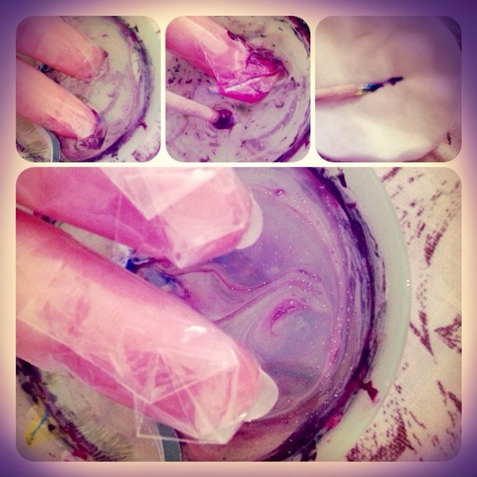 If your pattern is big -you can put 2 fingers in it (to save nail polish) otherwise do one at a time. Anyway.. Place the finger over your favorite spot in the pattern and lower the finger down in it