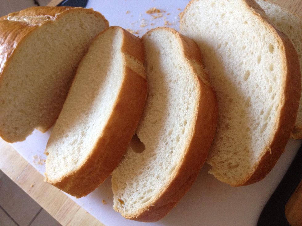 Im using a fresh loaf of Italian bread. Use whatever type you enjoy most! Cut 1 or 1" 1/2 slices so the bread will be soft in the middle and crunchy on the outside.