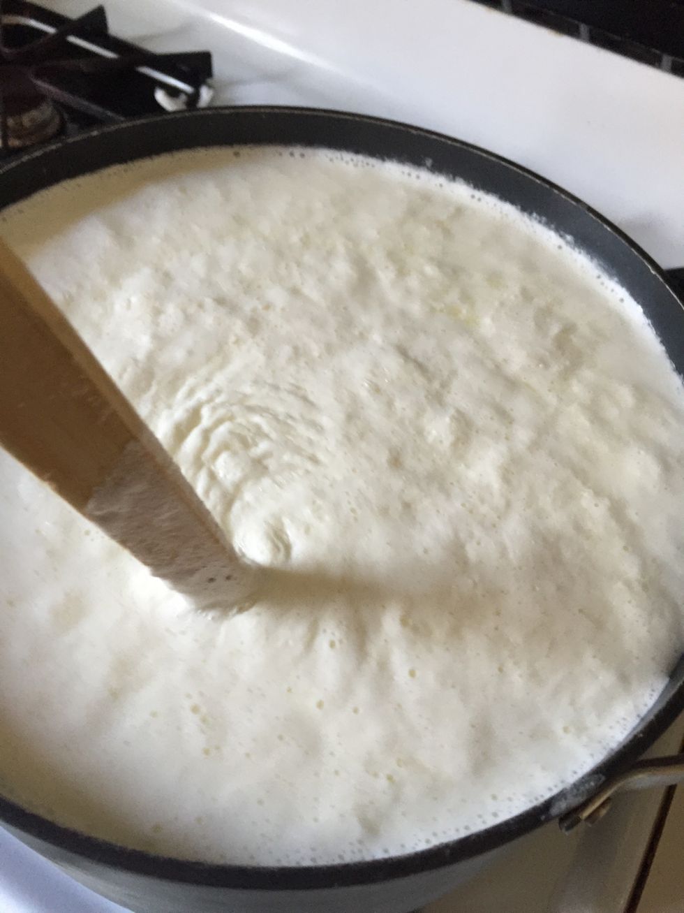 Immediately after adding the lemon, stir gently to distribute. Then let it sit for 20 minutes, allowing the milk solids to form curds. * Agitating it breaks the curds and makes them hard to remove.