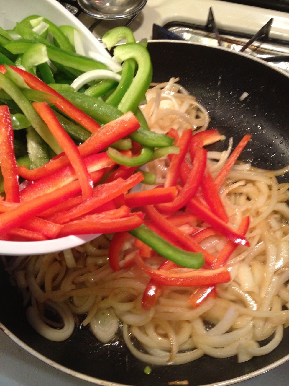 Immediately after we saut\u00e9 the onions we will add the peppers.