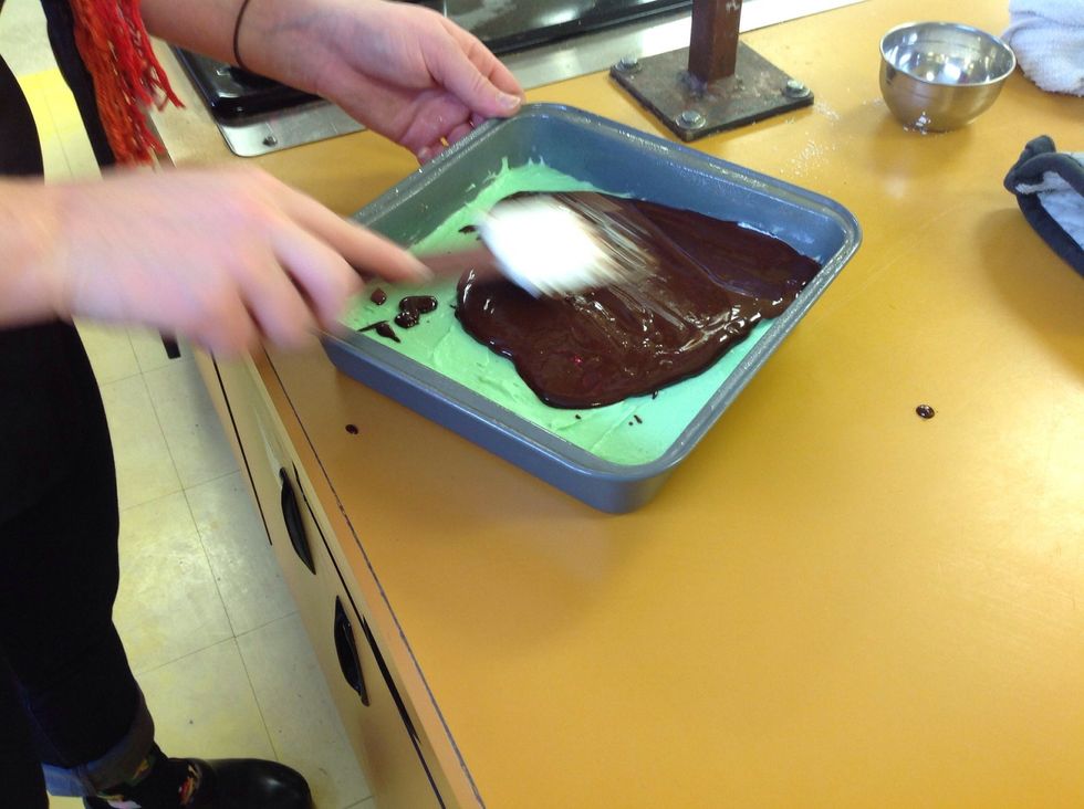 Immediately start spreading it and coat the entire pan. This should be a smooth and even layer when you are finished.