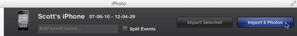 Import all photos (and videos) on your device to iPhoto. Click the "import all" button to begin.