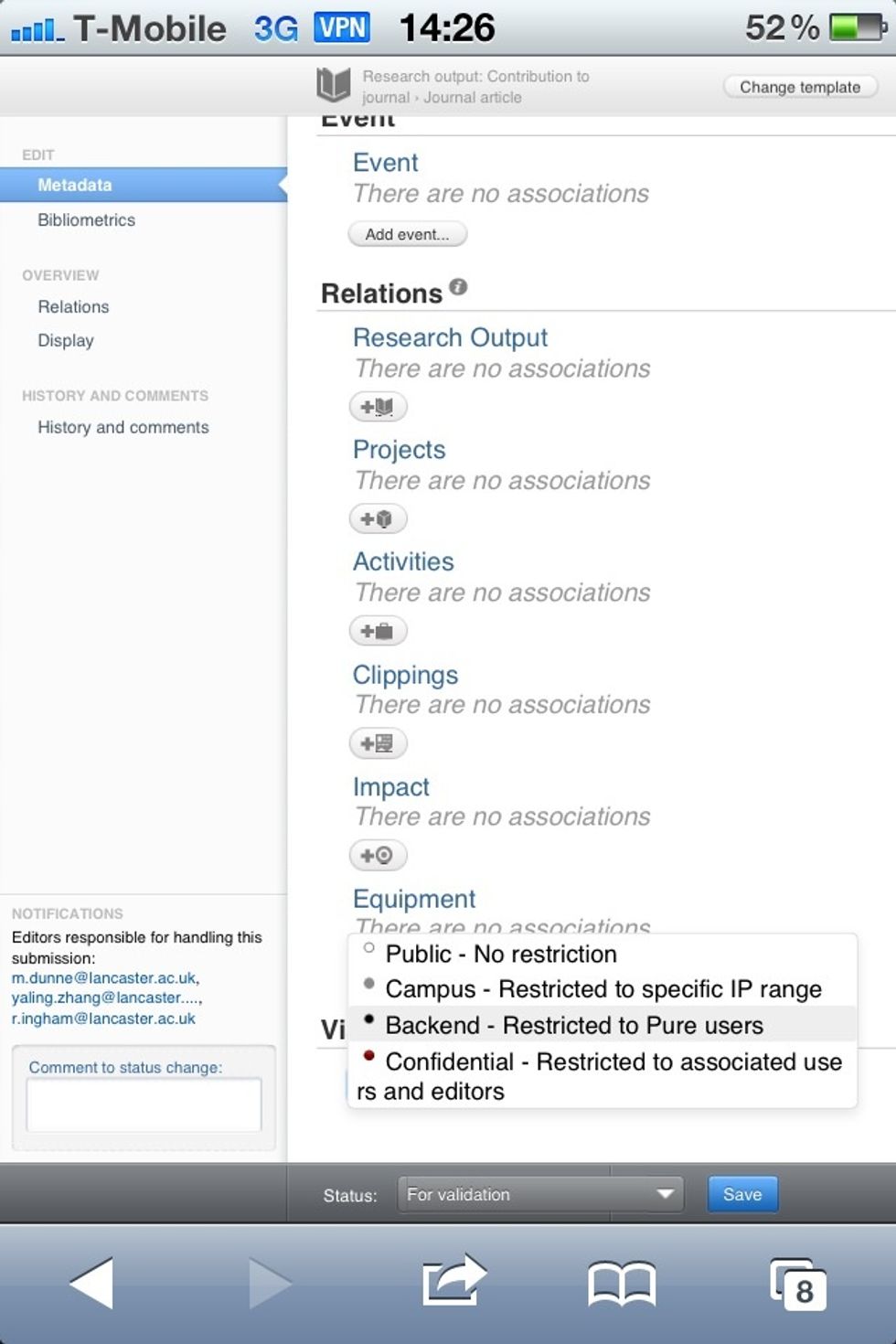 IMPORTANT STEP: scroll to the bottom. Under 'VISIBILITY', select: PUBLIC - for PUBLISHED and IN PRESS items BACKEND - for work that is 'IN PREPARATION''