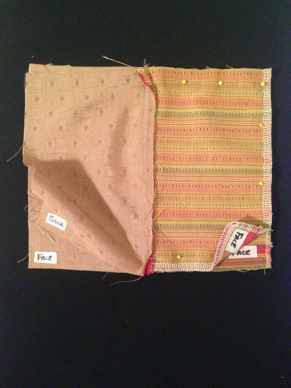 Important: Unzip 3/4 way!  Pin STRIPES FACES together & sew all 3 sides (see pins).  This completes the outside bag.
