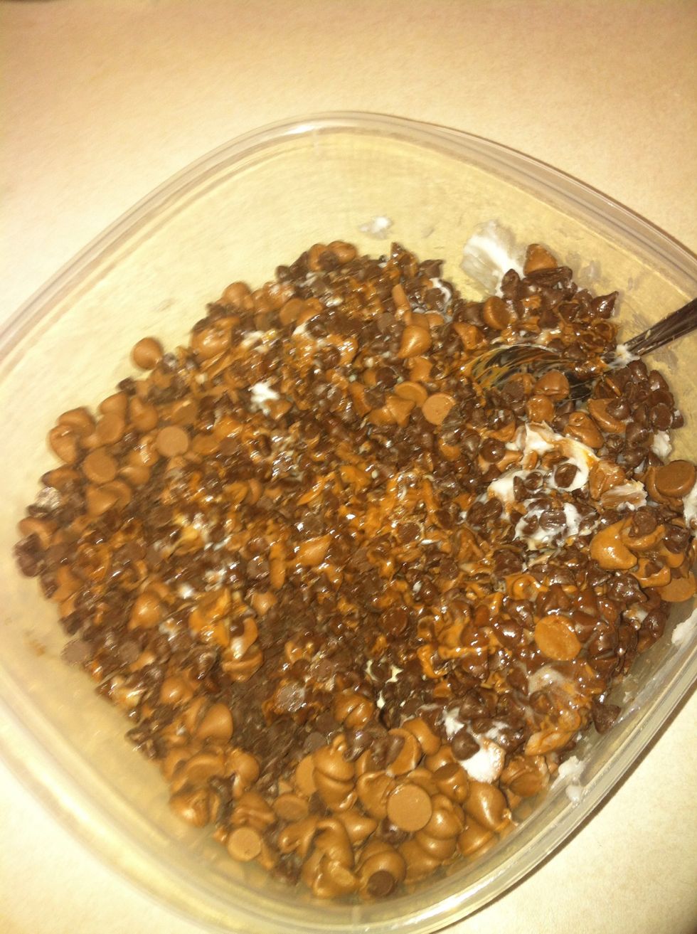 In 20 second bursts, microwave the chocolate chips until the mixture is smooth. Mix well between each 20 seconds.