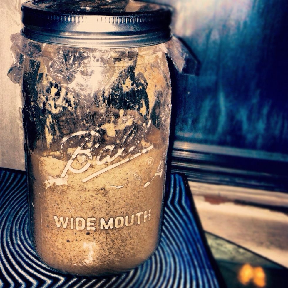 In 24ish hours you will have noticed that there is twice as much "sponge" in the jar. The mighty Yeasties have done their job and now they are hungry again. If there is a liquid on top just stir it in