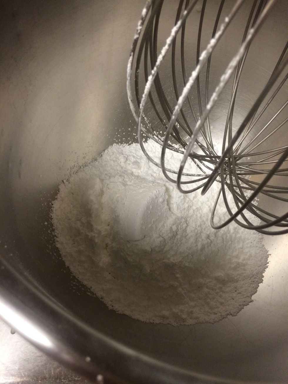 In a 20 quart mixing bowl, 4 cups powdered sugar,