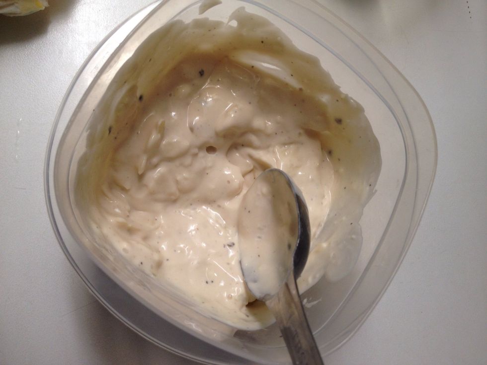 In a all bowl, mix left over alfredo sauce (about 1/2cup) with Parmesan cheese.