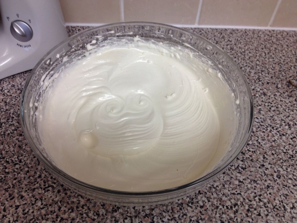 In a bain marie( double boiler) mix it all with an electric mixer until doubles in size and its glossy and marshmallowy. Leave it to cool.