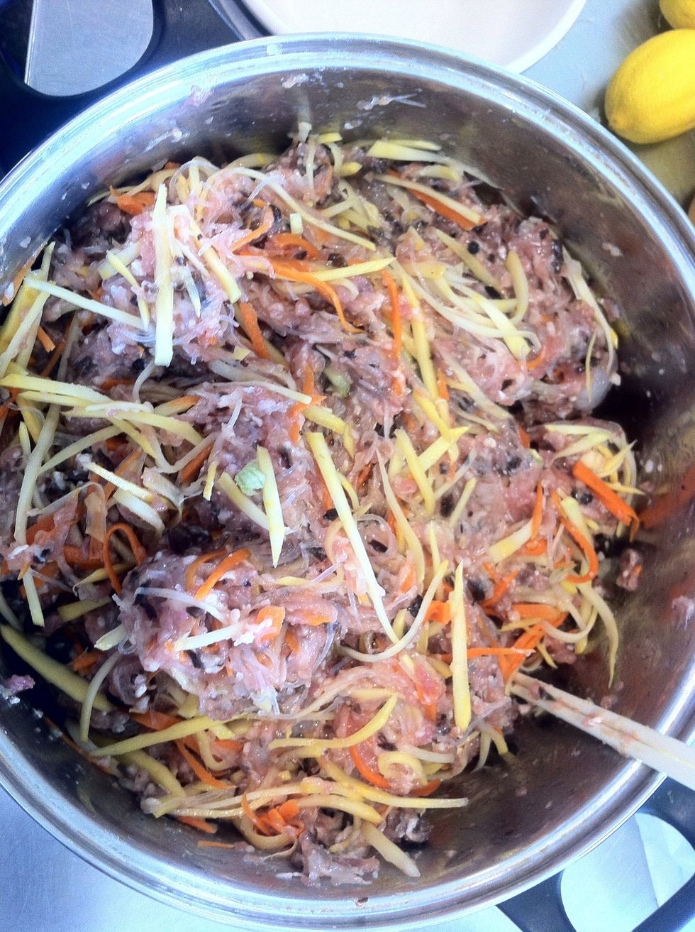 In a big bowl, mix them together, add salt, sugar, fish sauce, pepper. I add more kumara bcoz I love it.